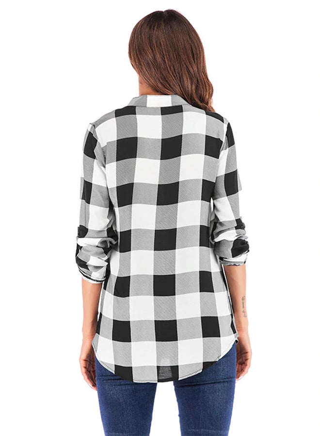 Plaid Loose V-Neck Roll-up Sleeves Shirt Black/White  - Image 2