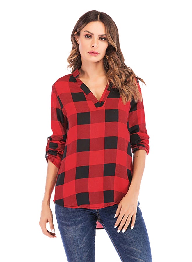 Plaid Loose V-Neck Roll-up Sleeves Shirt Red/Black  - Image 1