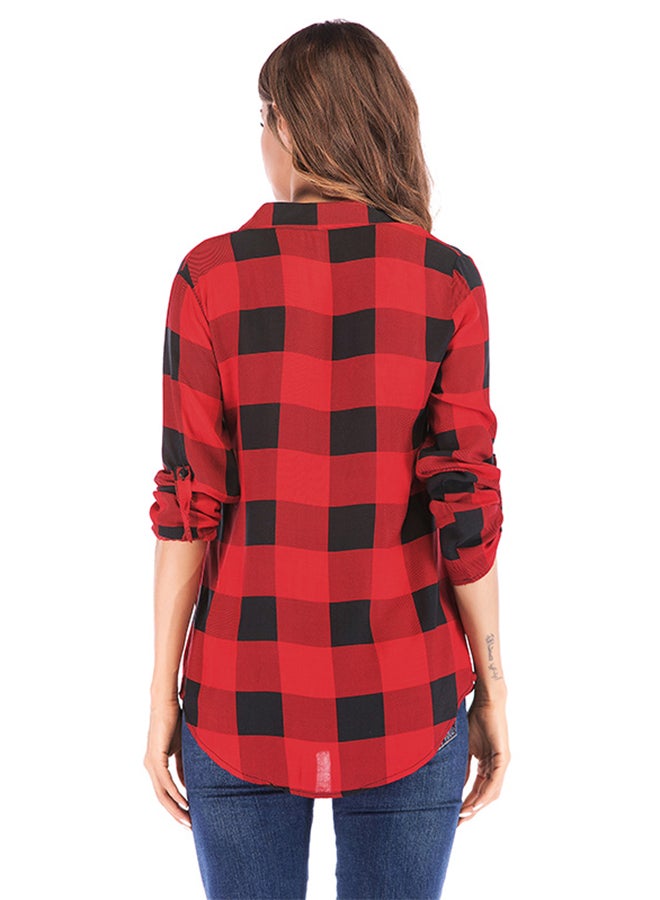 Plaid Loose V-Neck Roll-up Sleeves Shirt Red/Black  - Image 2