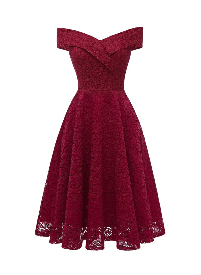 Embroidery Vintage Lace Off Shoulder Short Sleeve Dress Burgundy  - Image 1