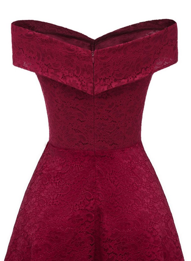 Embroidery Vintage Lace Off Shoulder Short Sleeve Dress Burgundy  - Image 4