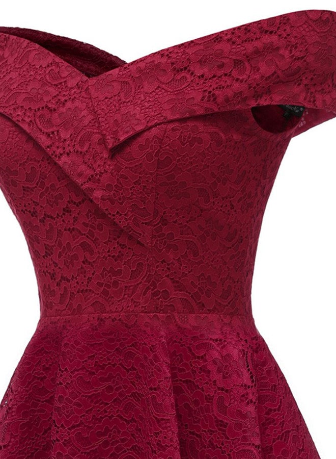 Embroidery Vintage Lace Off Shoulder Short Sleeve Dress Burgundy  - Image 3