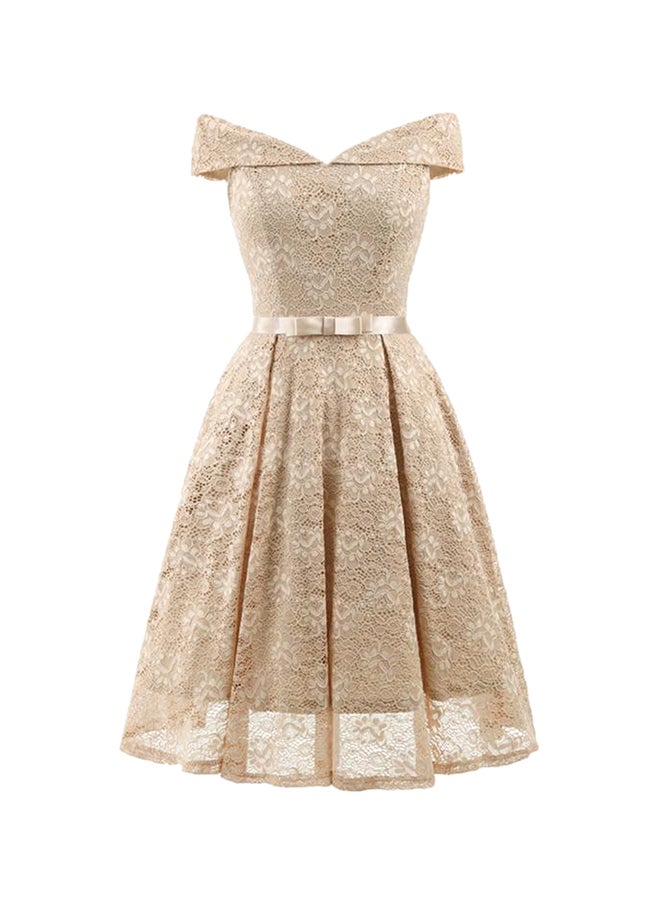 Lace Off Shoulder Bow Pleated A-Line Dress Beige  - Image 1