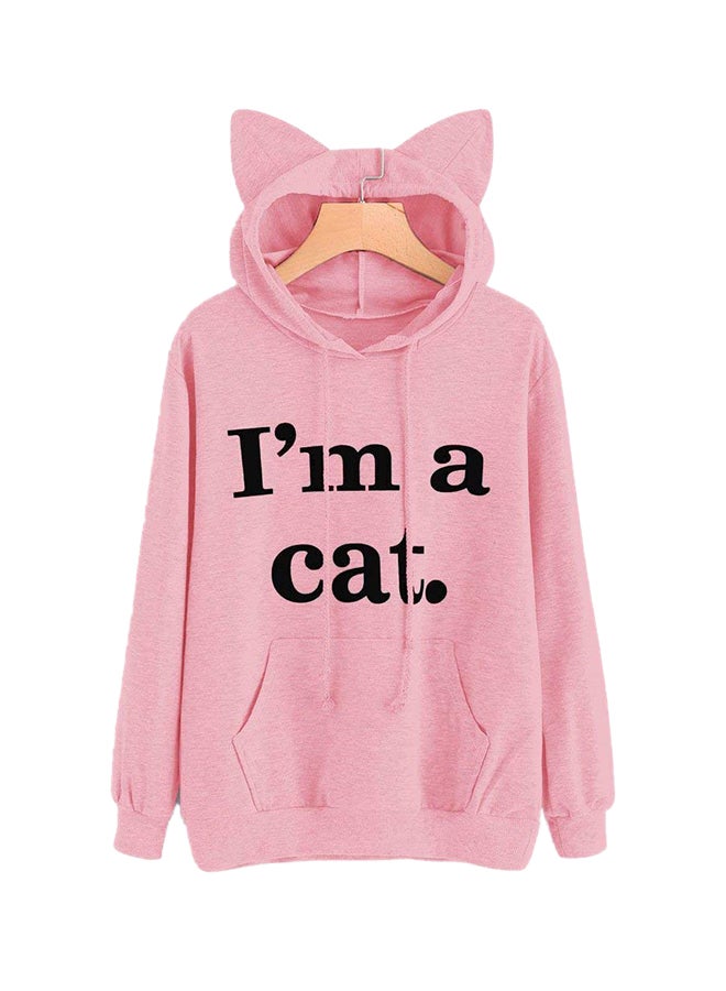 Cat Ear Letter Print Long Sleeve Casual Hoodie Pink - Image 1