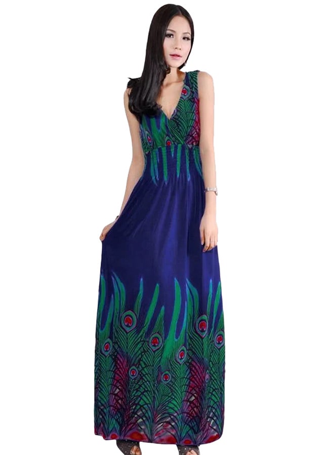 ماركة غير محددة - فستان طويل بطبعة طائر الطاووس متعدد الألوان - Image 1