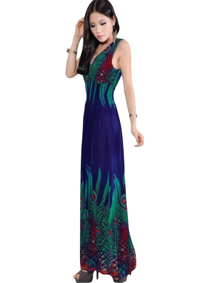 ماركة غير محددة - فستان طويل بطبعة طائر الطاووس متعدد الألوان - Image 1
