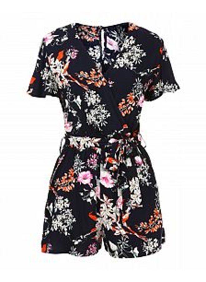 Floral Print Tie Waist Short Jumpsuit Black - Image 1