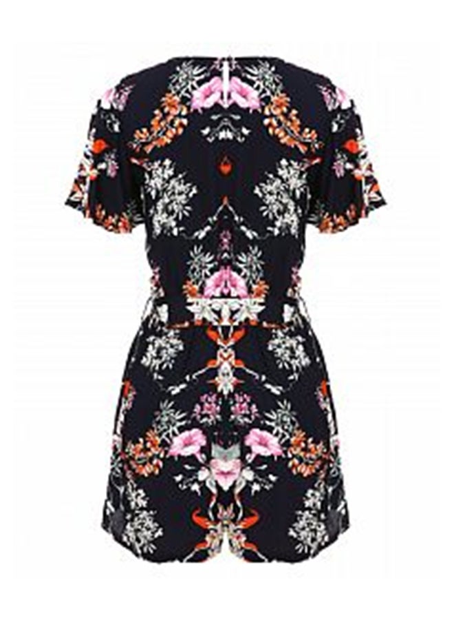 Floral Print Tie Waist Short Jumpsuit Black - Image 2
