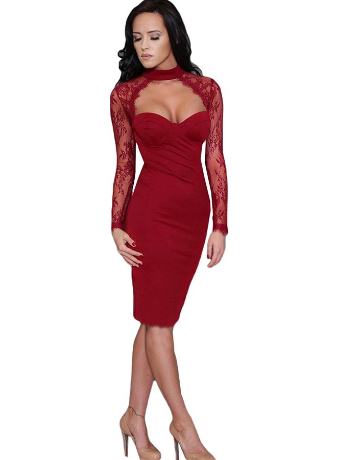 Lace Floral Cut Out High Neck Sheath Bodycon Dress Red - Image 1