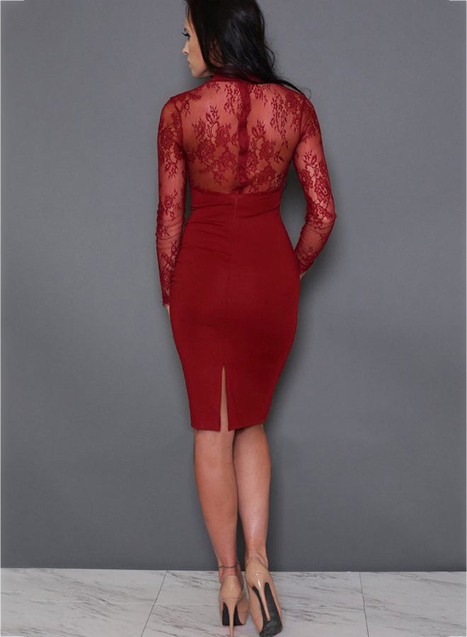 Lace Floral Cut Out High Neck Sheath Bodycon Dress Red - Image 2