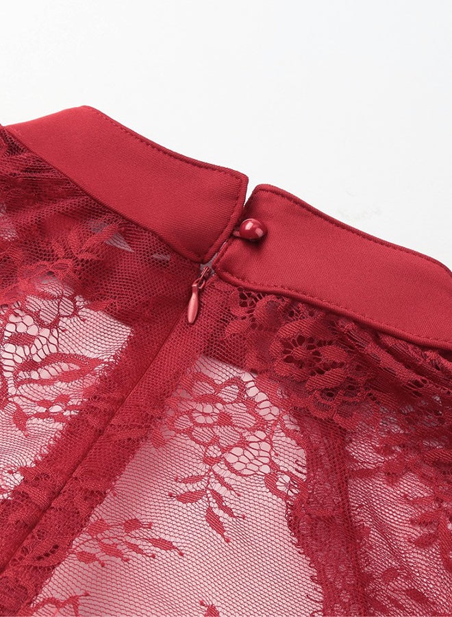 Lace Floral Cut Out High Neck Sheath Bodycon Dress Red - Image 3