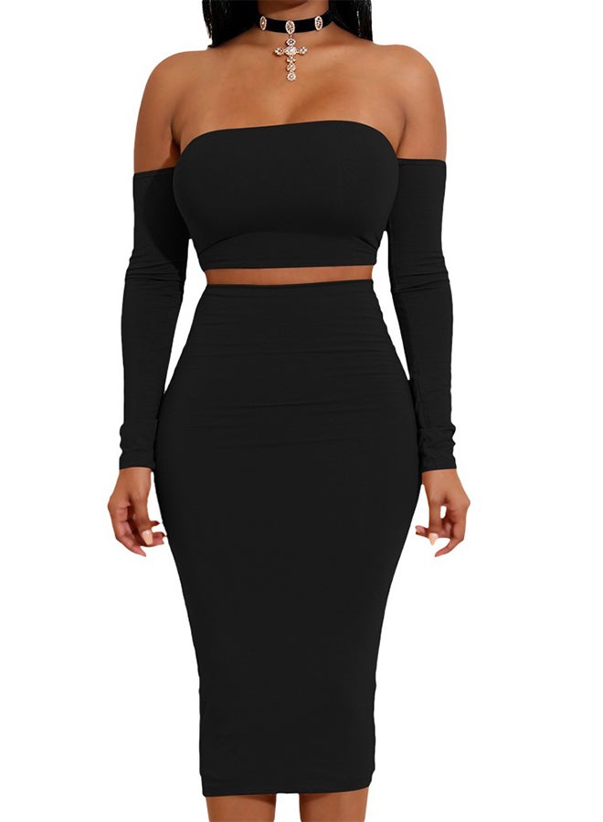 2-Piece Off Shoulder Top With Pencil Skirt Black  - Image 3