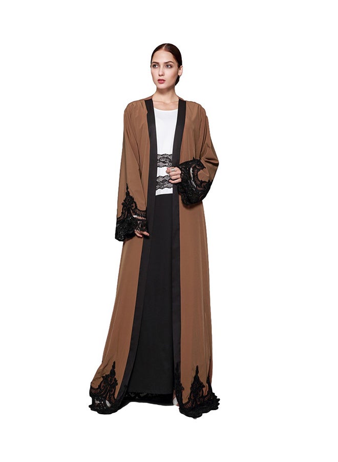 Spliced Crochet Lace Long Wide Sleeve Abaya Brown - Image 1