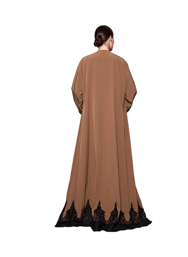 Spliced Crochet Lace Long Wide Sleeve Abaya Brown - Image 2
