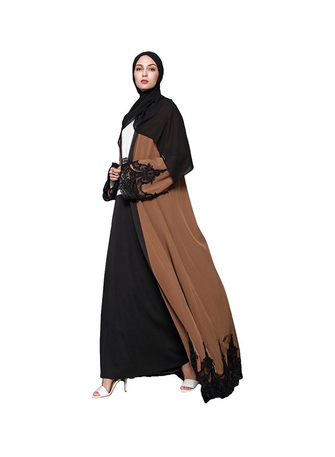 Spliced Crochet Lace Long Wide Sleeve Abaya Brown - Image 3