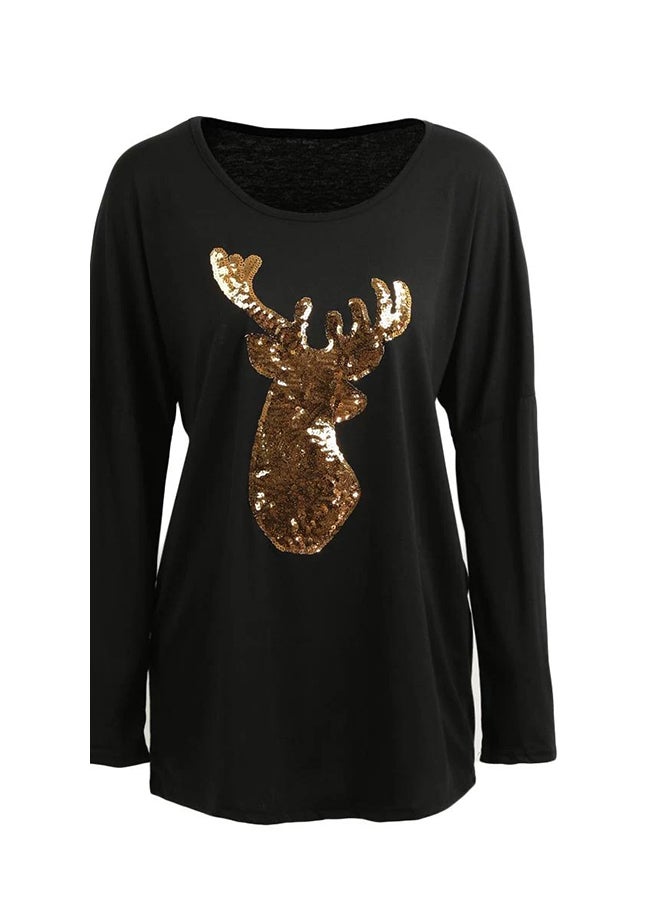 Long Sleeves Sparkling Sequin Deer T-shirt Black - Image 1