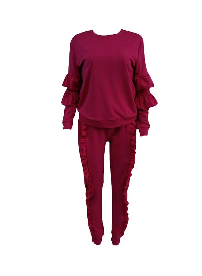 2-Piece Solid Ruffled Top With Drawstring Long Pants Set Burgundy - Image 1
