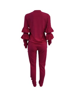 Generic 2-Piece Solid Ruffled Top With Drawstring Long Pants Set Burgundy  - Image 2