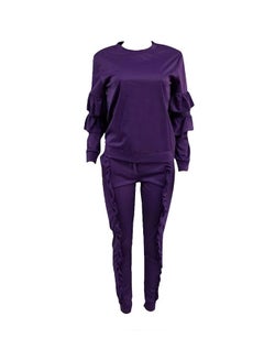 Generic 2-Piece Solid Ruffled Top With Drawstring Long Pants Set Purple  - Image 1