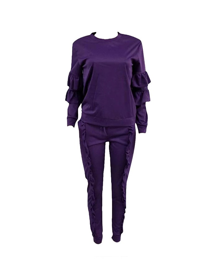 Generic - 2-Piece Solid Ruffled Top With Drawstring Long Pants Set Purple - Image 1