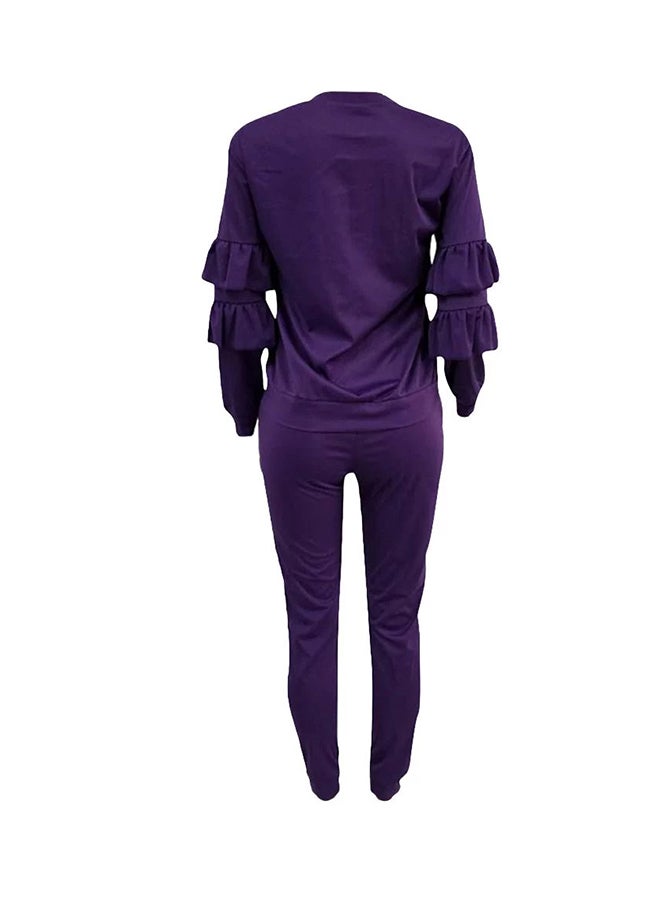 Generic - 2-Piece Solid Ruffled Top With Drawstring Long Pants Set Purple - Image 1