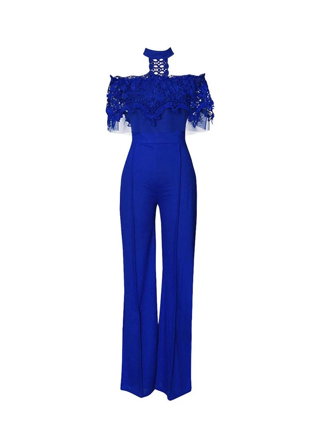 Off Shoulder Lace Halter Wide Leg Pants Jumpsuit Blue  - Image 1