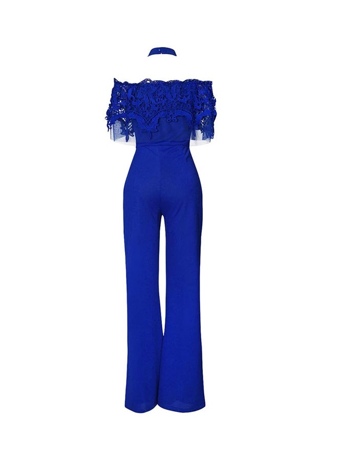 Off Shoulder Lace Halter Wide Leg Pants Jumpsuit Blue  - Image 2