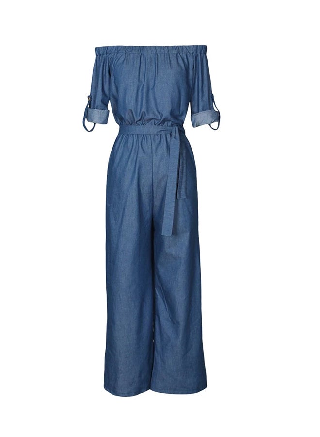 Off Shoulder Denim Belted Wide Leg Pants Jumpsuit Blue  - Image 1