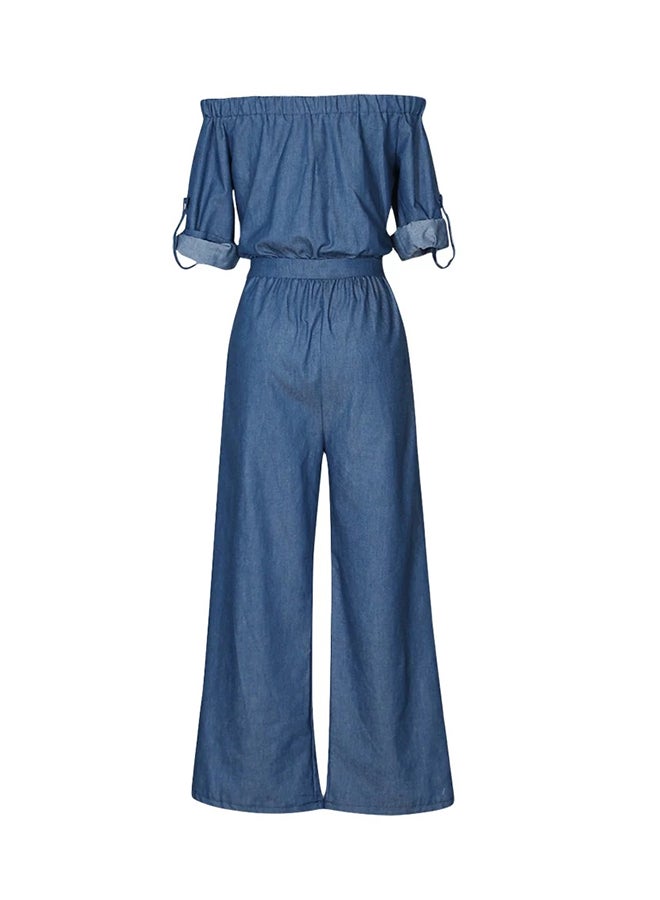 Off Shoulder Denim Belted Wide Leg Pants Jumpsuit Blue  - Image 2