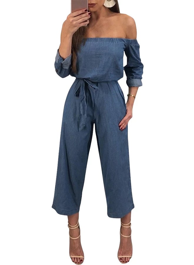 Off Shoulder Denim Belted Wide Leg Pants Jumpsuit Blue  - Image 3