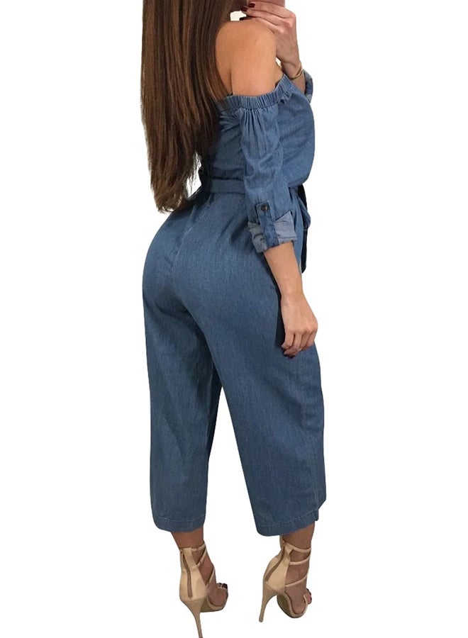 Off Shoulder Denim Belted Wide Leg Pants Jumpsuit Blue  - Image 4