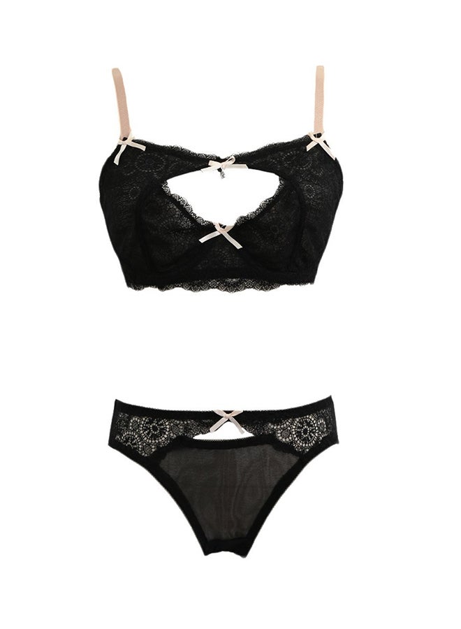 Sheer Lace Cut Out Bow Bikini Set Black - Image 1