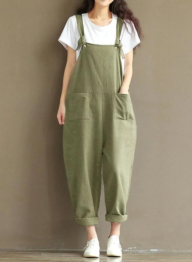 Solid Sleeveless Pockets Wide Legs Casual Playsuit Green  - Image 3