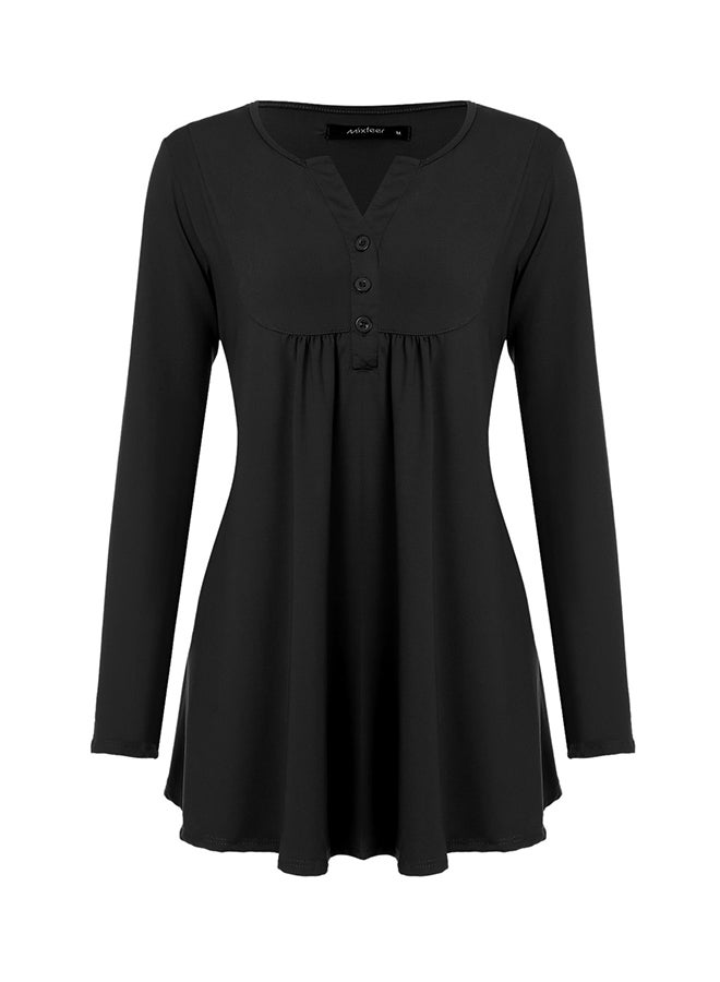 Long Sleeves Henley Neck Tunic T-Shirt Black  - Image 1