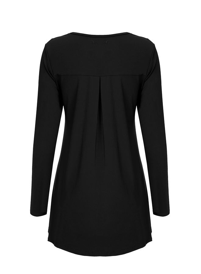 Long Sleeves Henley Neck Tunic T-Shirt Black  - Image 2