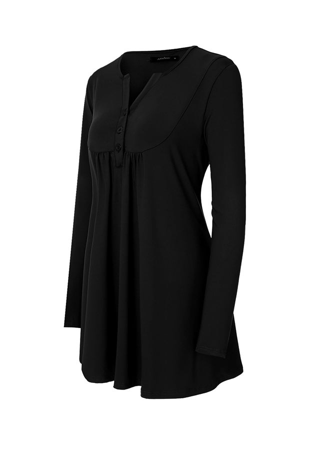 Long Sleeves Henley Neck Tunic T-Shirt Black  - Image 3