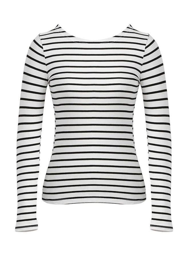 Long Sleeves Round Neck T-shirt White/Black  - Image 1