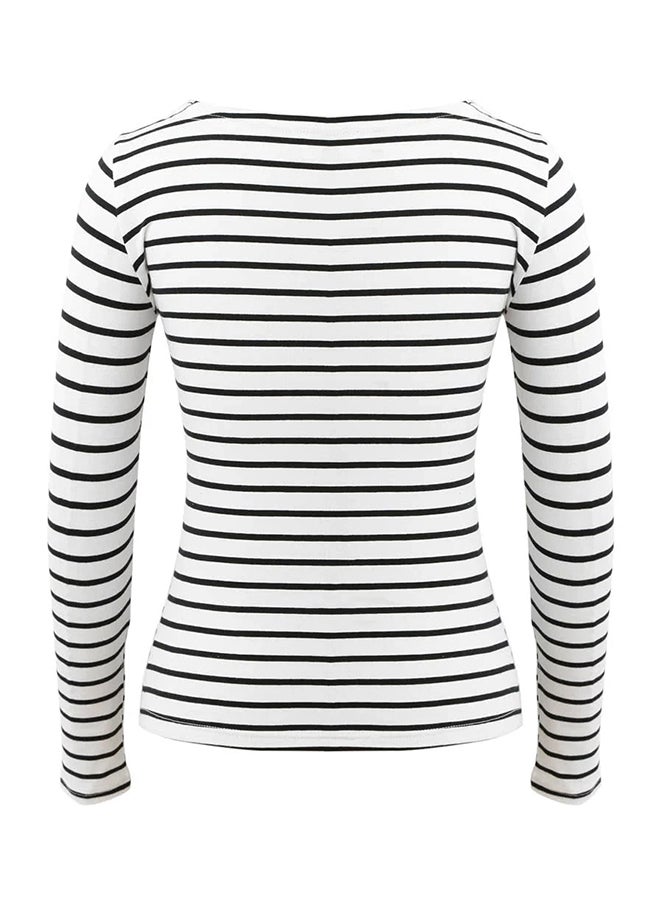 Long Sleeves Round Neck T-shirt White/Black  - Image 2