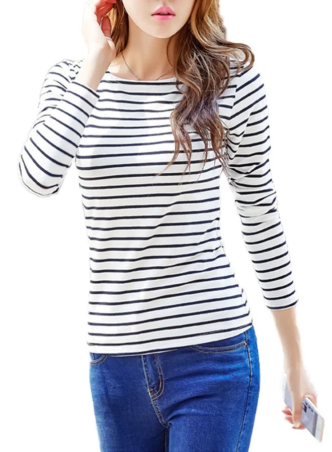 Long Sleeves Round Neck T-shirt White/Black  - Image 3