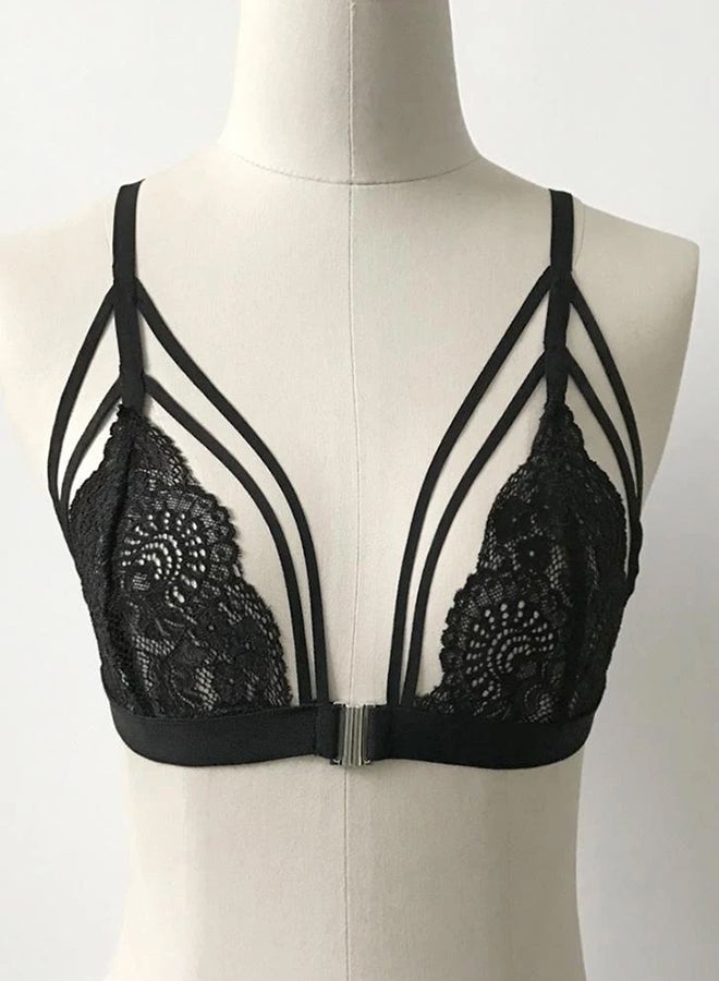 حمالة صدر بدون أسلاك غير مبطنة بإغلاق من الأمام وحمالات مصنوعة من الدانتيل الشفاف المُصمم بنقشة الزهور أسود - Image 1