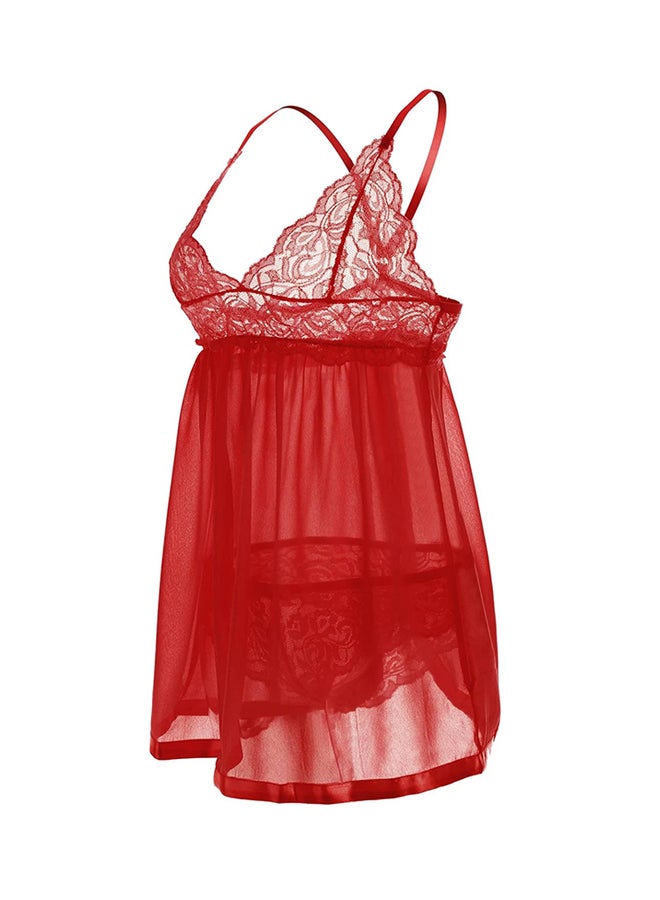 Lace Babydoll Mesh Chemise Sleepwear Red - Image 3