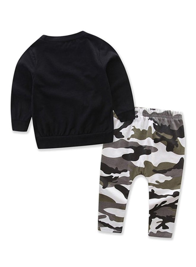 طقم بلوزة وبنطلون بطبعة مموهة وكتابة مطبوعة من قطعتين أسود/ أبيض/ أخضر - Image 2