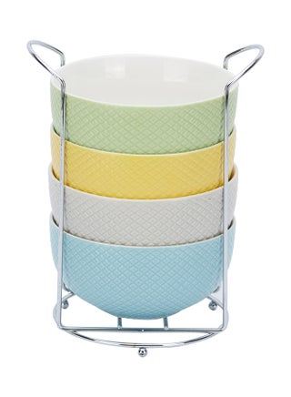 4-Piece Textured Bowl Set With Stand Blue/Yellow/Green 280ml - v1546602906/N20097789A_1