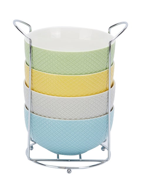 4-Piece Textured Bowl Set With Stand Blue/Yellow/Green 280ml