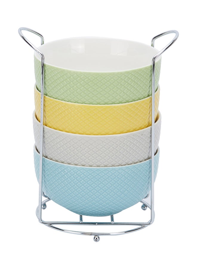 4-Piece Textured Bowl Set With Stand Blue/Yellow/Green 280ml