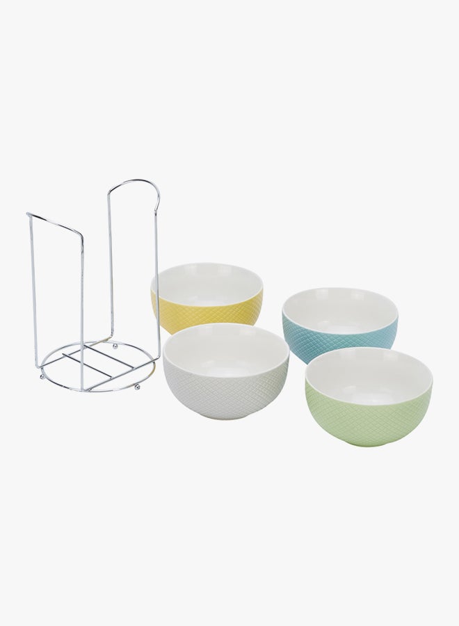 4-Piece Textured Bowl Set With Stand Blue/Yellow/Green 280ml