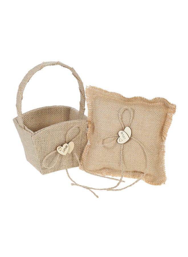 Bearer Pillow and Rustic Wedding Flower Girl Basket Set Brown - Image 1