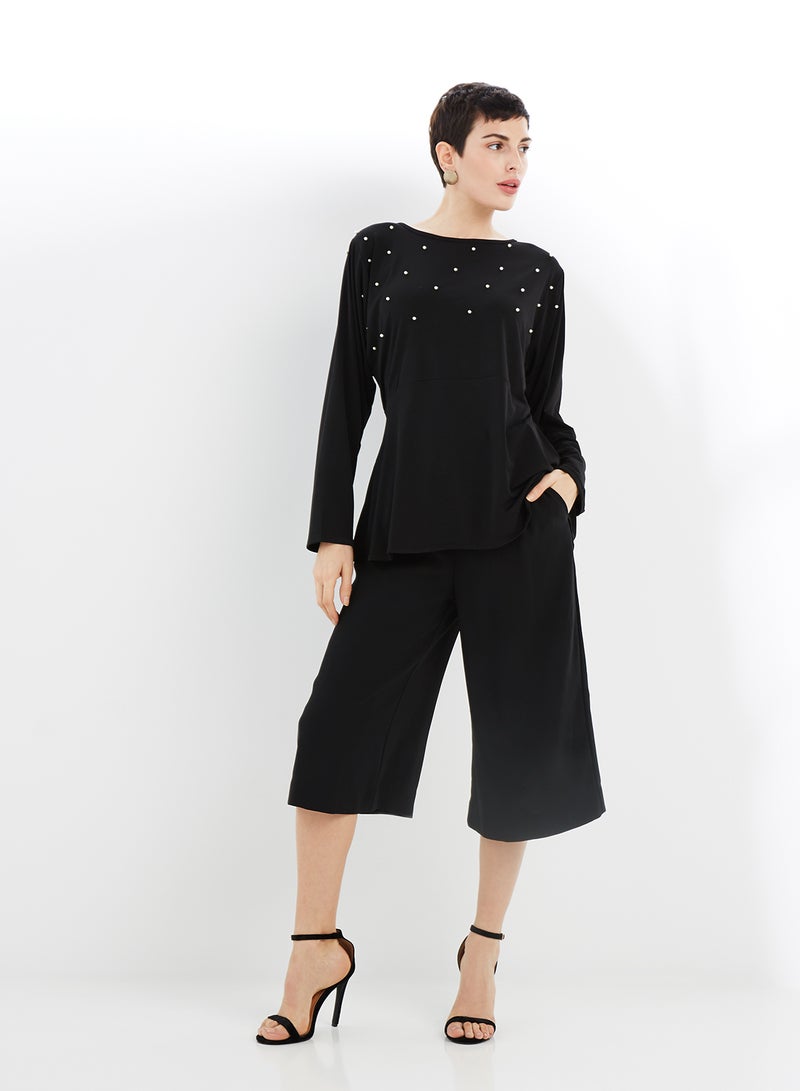 NUKHBAA - Pearl Embedded Long Sleeves Tunic Black - Image 1