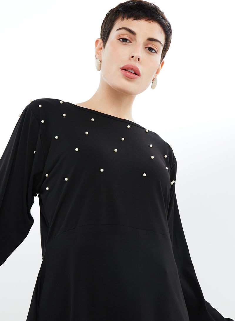 NUKHBAA - Pearl Embedded Long Sleeves Tunic Black - Image 1