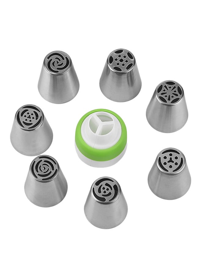 8-Piece Piping Bag Nozzle Set Silver/White/Green 3.6x4centimeter